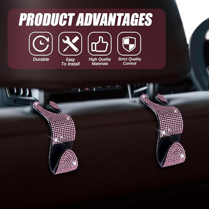 2 Pack Car Seat Headrest Hook, Bling Car Hooks Front Seat, Back Seat Organizer Hanger Storage Hook Car Purse Hook for Bags, Clothes, Coats, Grocery Bags (Pink)