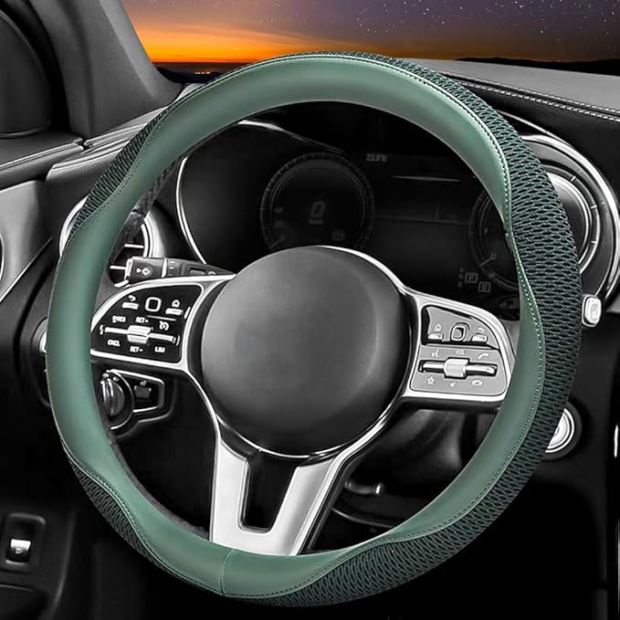 Carodi Car Steering Wheel Cover, Leather and Breathable ice Silk Fabric, Comfortable, Non-Slip, Warm in Winter and Cool in Summer, Universal 15 inch (Green)