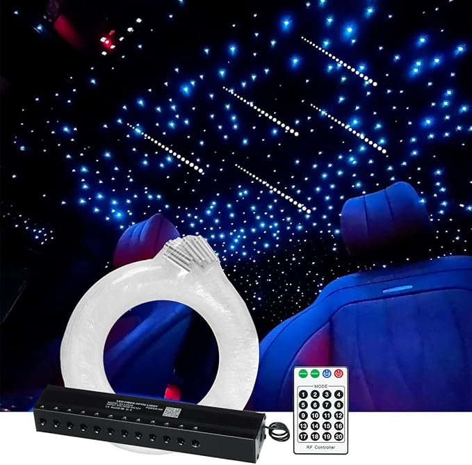 AMKI 96pcs*0.04in*9.8ft Pure White Meteor Shooting Stars Effect Fiber Optic Lights Kit,12 Holes LED MeteorLight Engine with Bluetooth+RF Remote Control 20 Meteor Modes