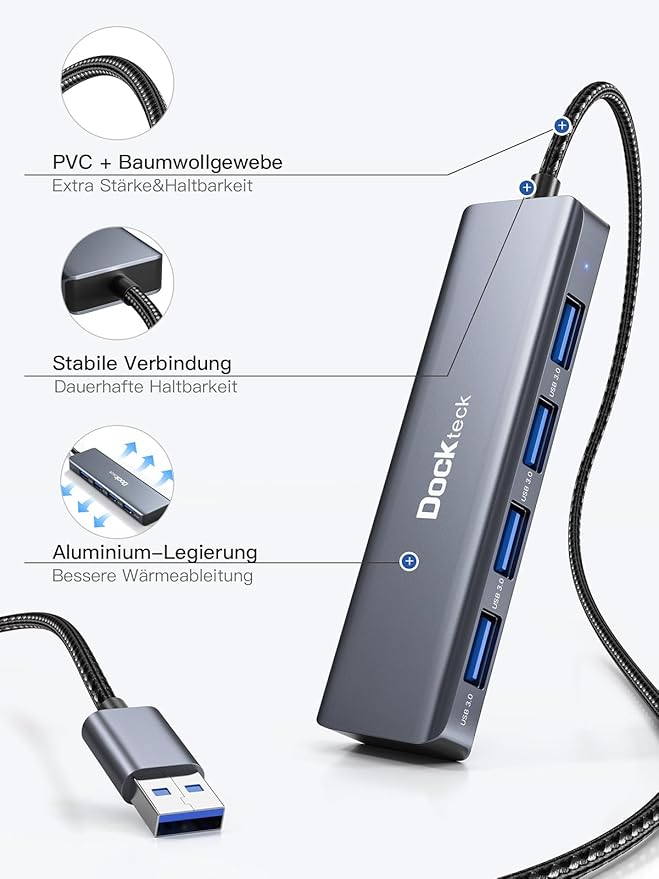 USB Hub, Dockteck 4-Port USB 3.0 Splitter, Aluminum 2ft USB Extender Compatible with MacBook,XPS, Surface Pro,Mac mini/Pro, iMac, Mouse, Keyboard, Flash Drive, HDD,Camera, and More