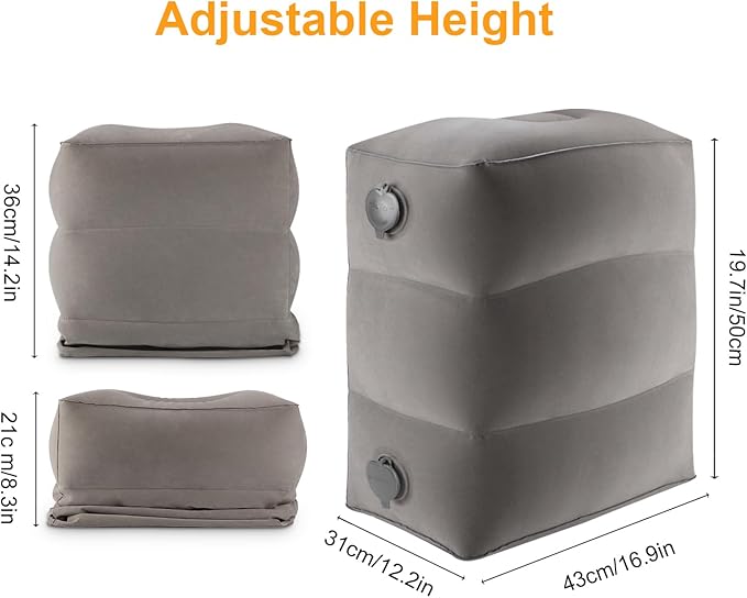 Inflatable Foot Rest/Leg Pillow | Adjustable Height | Make a Flat Bed for Kids and Toddlers | Great for Airplane, Train, car,Travel （Grey, 2 Pack）