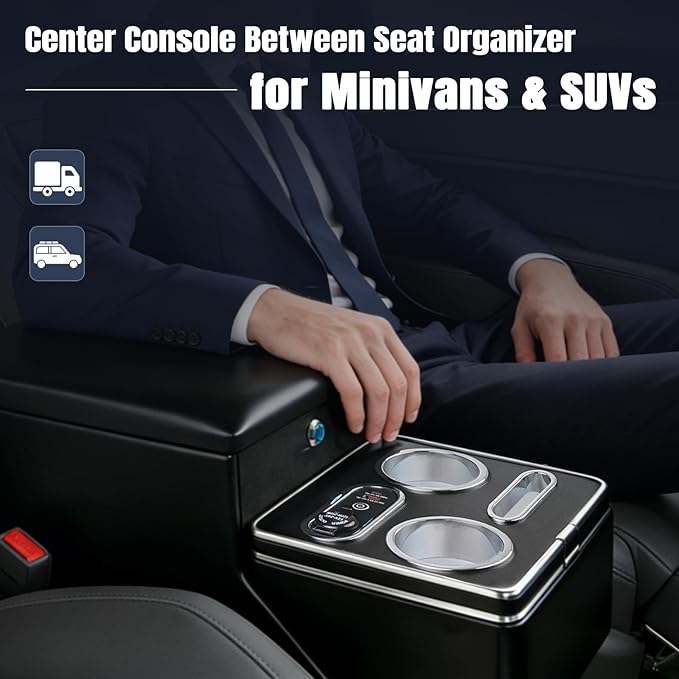 Vehicle Center Console Organizer with 7-Color Ambient Light - Lockable Floor Storage & Dual Cup Holders, Fits Minivans, SUVs & Vans 10.24 inch Wide
