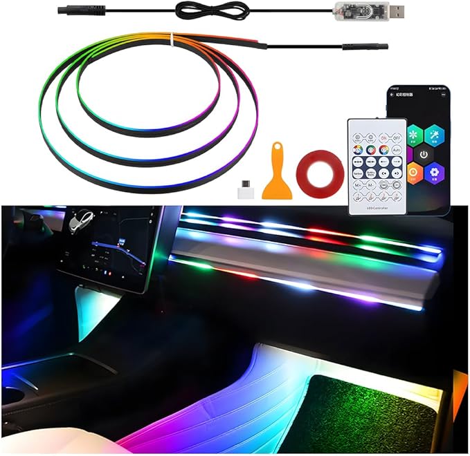 Car Interior Ambient LED Light with APP & Remote Control, 43.3" Music Mode Fiber Optic USB Powered Acrylic Atmosphere Lamp Strip, Flexible RGB Auto Inside Neon Light Kit, Universal Fit