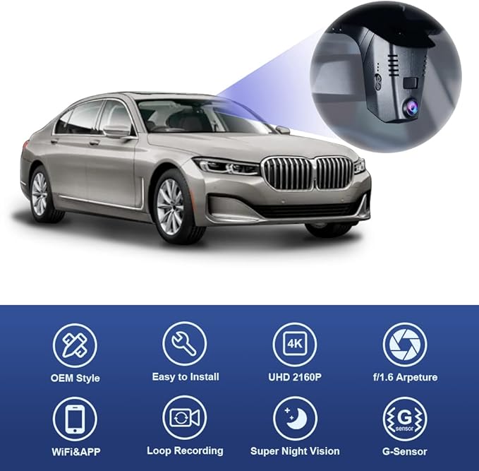 Fitcamx 4K Dash Cam Adapts for BMW 5 7 Series 2018-2023 530i 540i 530e M550i 740i 750i M760i 745e Xdrive (G30/G11), OEM Look, 2160P UHD Video, WiFi & APP, Loop Recording G-Sensor, Plug&Play, 64GB Card