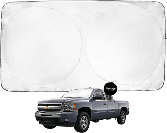 Windshield Sun Shade -Certified 99.87% UVB & 99.02% UVA Car Sun Shade. Award Winning Sunshade - Patented Technology | Compatible for Chevrolet Silverado 1500 (2007-2013) | Car Shades by Kinder Fluff