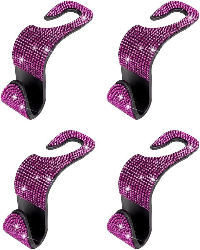 4PCS Bling Car Seat Headrest Hooks, Crystal Rhinestone Vehicle Back Seat Hanger Holder, Auto Interior Headrest Hanging Storage Organizer for Purse Handbag Coat, Universal Fit (Black/Pink)