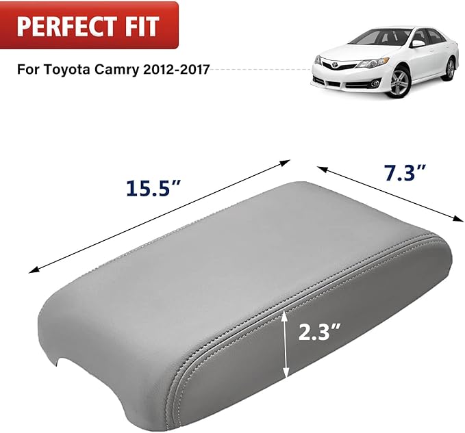 KBH Center Console Armrest Cover Replacement for Toyota Camry 2012 2013 2014 2015 2016 2017, Vinyl Leather, Car Arm Rest Replace Skin Upholstery, Ash Gray (Leather Part Only)
