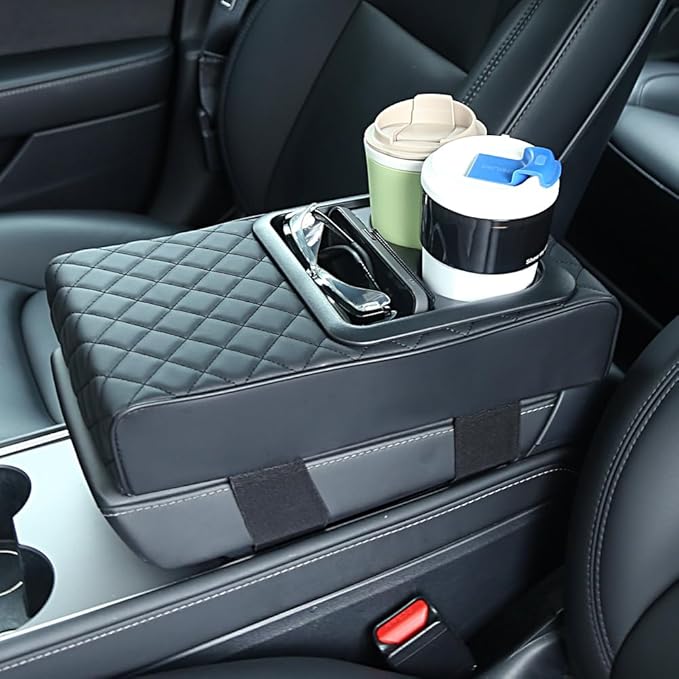 Supin Car Armrest Cushion - Multifunctional Faux Leather Armrest Cushion with Cup Holder, Phone Storage, and Ergonomic Design for All Seasons (BLack)