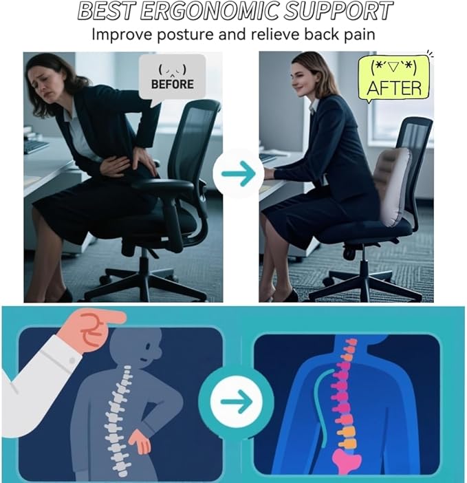 Inflatable Lumbar Support Pillow for Travel Seat and Office Chair, Back Support Pillow for Airplane Travel and Car, Lumbar Pillow for Lower Back Pain Relief and Improve Posture, Easy to Carry - Grey