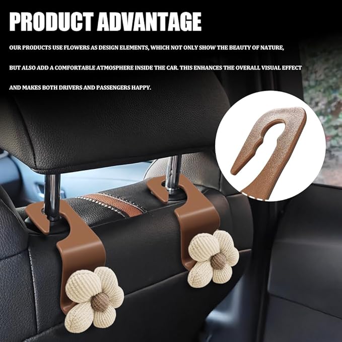 4PCS Car Headrest Hooks, Purse Hook for Car, Cute Flower Auto Backseat Organizer Hanger for Purse Grocery Bag Coat, Auto Seat Back Organizer Storage Hanger Holder Fit Vehicles (Orange/Beige)