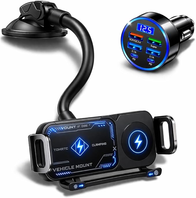 Wireless Car Charger Mount, Auto-Clamping Phone Holder with Fast Charging – Wireless Cell Phone Charging Car Mount for iPhone & Android (Gooseneck Mount)