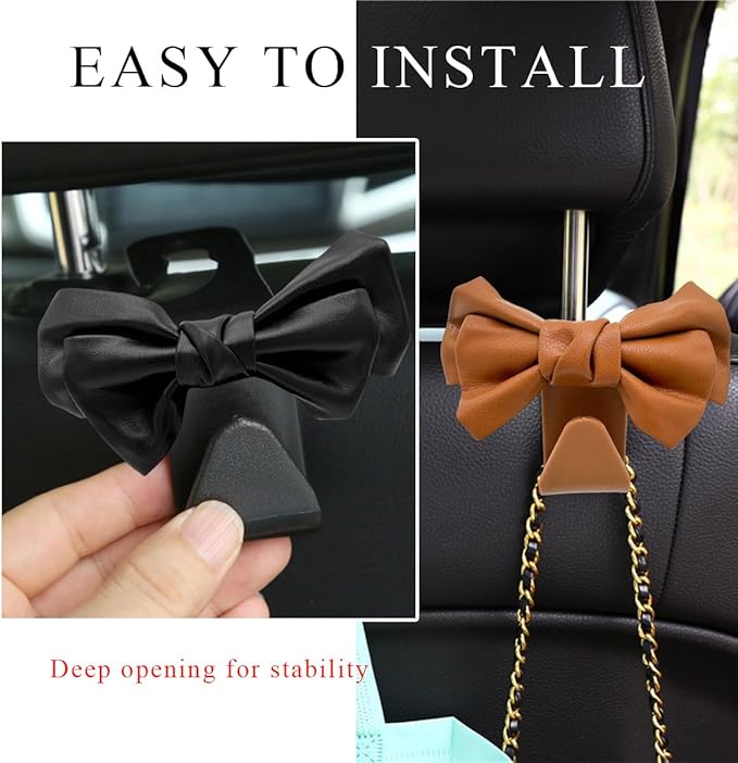 2 PCS Car Seat Headrest Hooks, Cute Bow Shaped Vehicle Backseat Storage Hooks, Leather Bow Shaped Sturdy Car Seat Back Hooks for Purses/Coats/Umbrellas, Car Accessories (Brown)