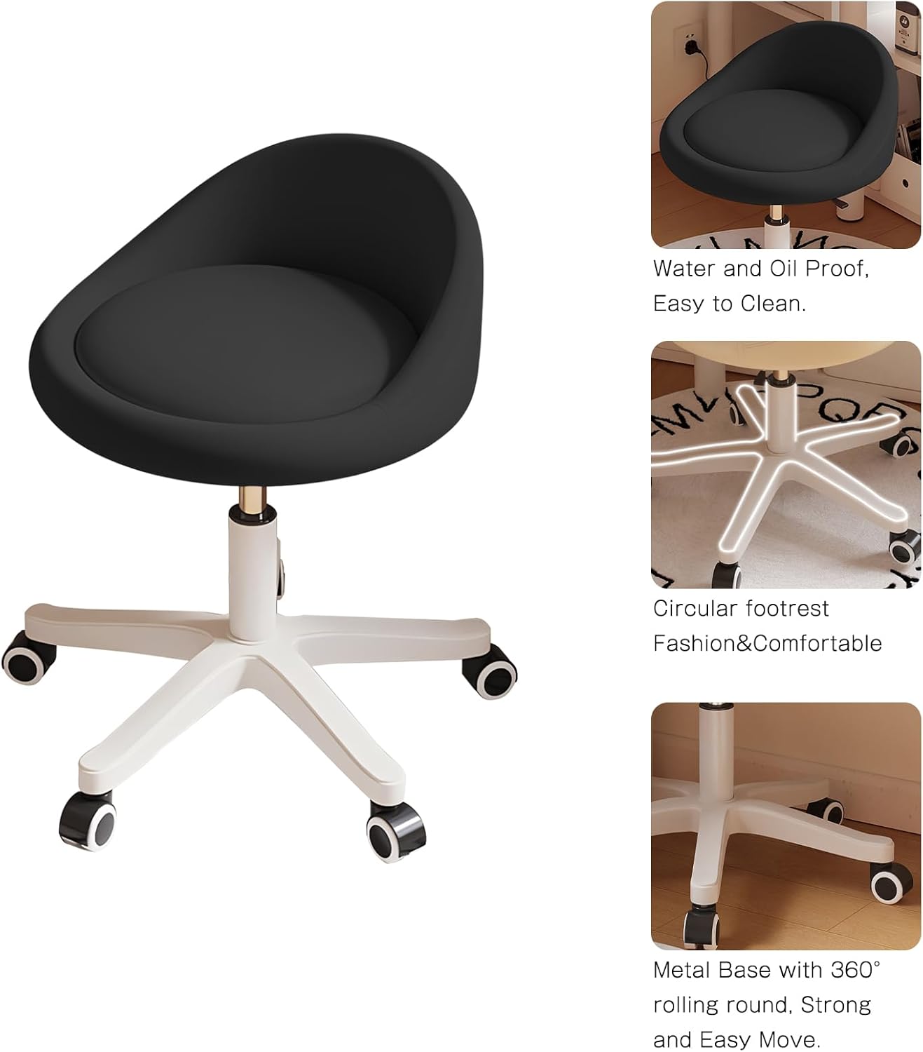 Rolling Stool Set of 3 Rolling Hydraulic Salon Stool with Low Backrest - Adjustable Swivel Chair for SPA, Shop, Salon, Massage, or Medical Office Black