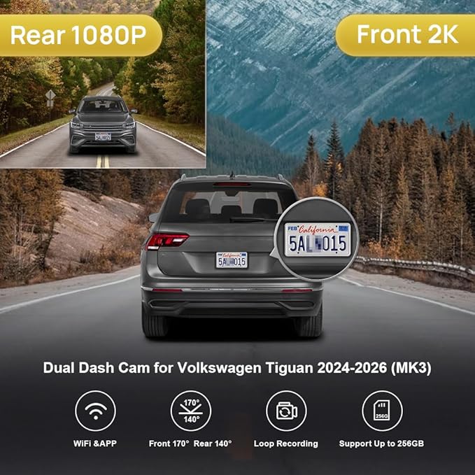 Fitcamx Front 2K+Rear 1080P Dash Cam Adapts for Volkswagen Tiguan 2024-2026 MK3 (Black), OEM Factory Look, Dual HD Video, WiFi & APP, Loop Recording, Parking Mode, Easy to Operate, 64GB Card
