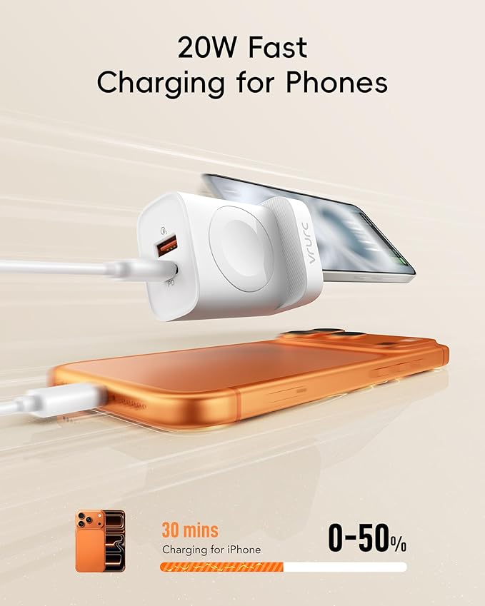 VRURC Charger for iPhone & Apple Watch, 20W USB C Fast Charging Block, 3-in-1 Compact Travel Adapter with 2 Port for iPhone 17/16/15/14/13, Wireless Magnetic for iWatch SE/11/10/9/8/7/6/5/4-White