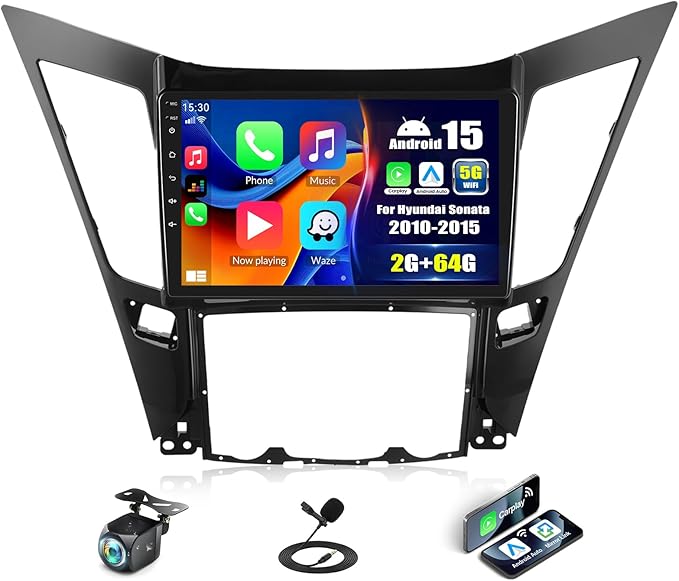2G+64G Android 15 Car Stereo for Hyundai Sonata 2010-2015 with Wireless Carplay Android Auto,9” Touchscreen Hyundai Sonata Car Radio with Mirror Link WiFi/GPS Bluetooth FM/RDS SWC+AHD Rear Camera