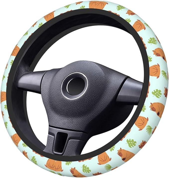 Capybaras and Leaves Steering Wheel Cover for Women Elastic Rubber Steering Wheel Universal 15 Inch Fit for Cars, Auto, SUVs