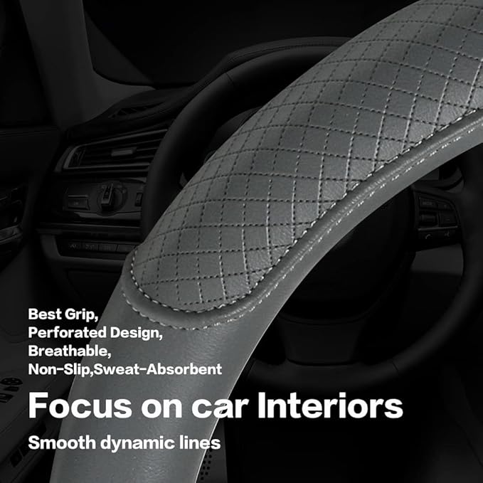 VARGTR Microfiber Leather Steering Wheel Cover, Classic Embossing, Anti-Slip, Breathable, 15 Inch, Gray