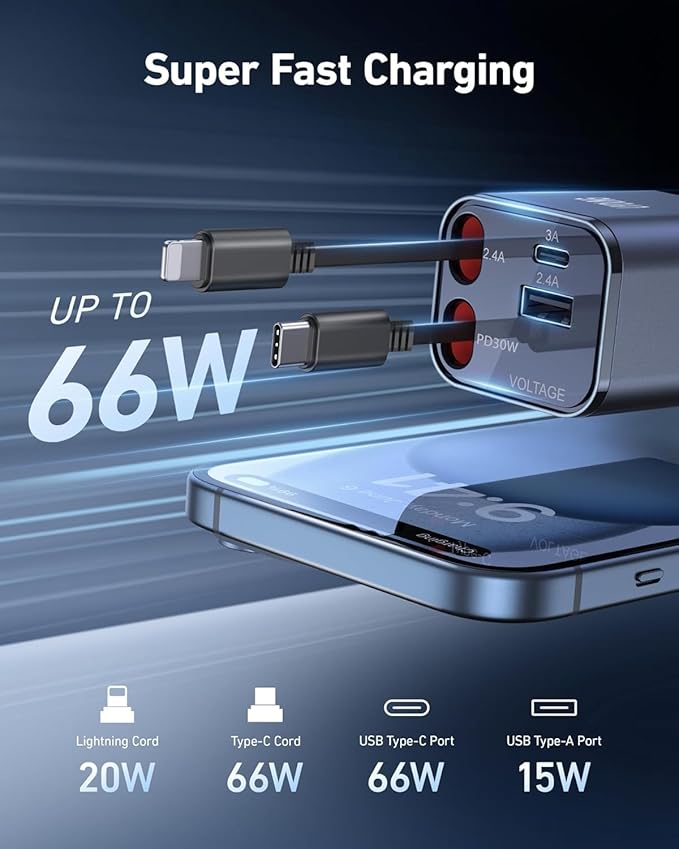 2Pack iPhone Car Charger Retractable Fast Phone Chargers, 4 in 1 Car Charger Cigarette Lighter Adapter with 2 Cables 30 Inch and 2 USB Ports, for iPhone 17/16/15/14/13/Pro, Gifts for Women Men