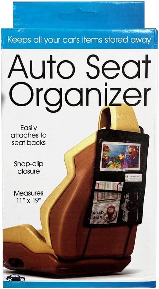 Car Backseat Organizer 11X19" Tablet Hold 3 Storage Pockets Travel Accessory Blk Seat Back Protector Kick Mats for Kids Toddlers, Travel Accessories Auto Seat Storage Hanging Bag, Phones, Drink, Stuff