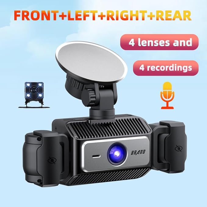 Dash Cam 4 Channel HD Front and Rear Inside Left Right Car Camera Dashcam Voice Control Wide Angle Night Vision, 24H Parking Mode (with 64G)