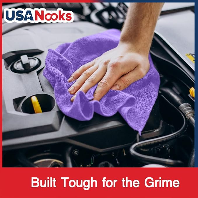 USANOOKS Microfiber Cleaning Cloth - Purple - 12Pcs (12.5x12.5 inch) High Performance - 1200 Washes, Ultra Absorbent Car Towel Traps Grime & Liquid for Streak-Free Mirror Shine - Car Washing Cloth