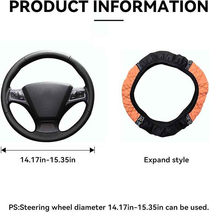 Bling Car Steering Wheel Cover, 15 Inch Rhinestones Soft Leather Elastic Steering Wheel Protector, Sparkly Crystal Diamond for Women Girls, Car Interior Accessories for Most Cars (Orange)