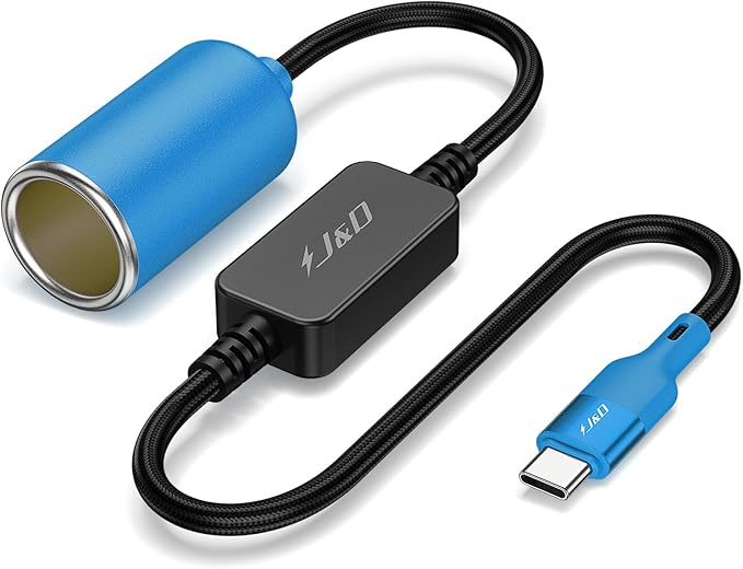 J&D USB C Male to 12V Car Cigarette Lighter Socket Female Converter Cable, 12V 18W Power Cable for Dash Cam, GPS, Car LED Light Strips, Blue, 1 ft