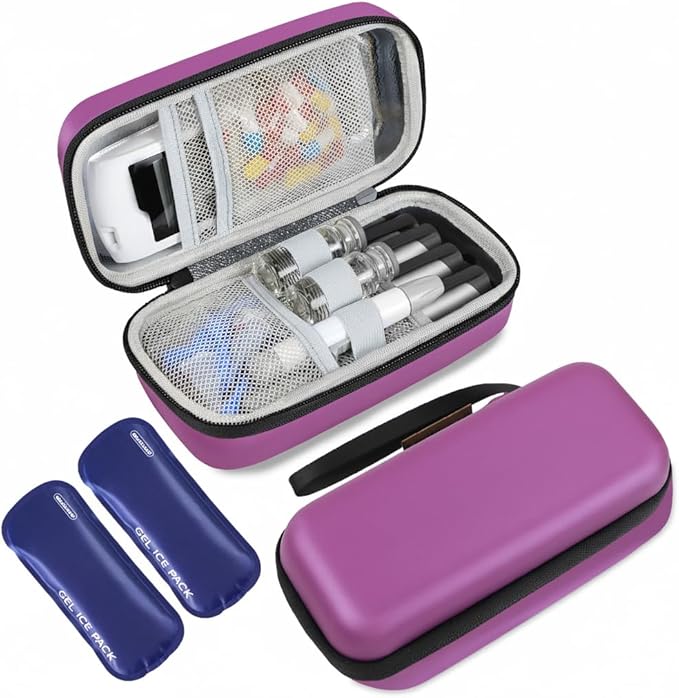 Insulin Cooler Travel Case, Portable EVA Medicine Travel Cooler, Diabetes Case with 2 Reusable Ice Packs TSA Approved for Diabetic Supplies Patent Pending(Purple-No Temp)