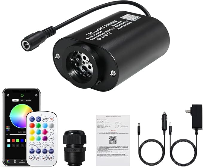 AKEPO Mini Size 6W Twinkle Fiber Optic Light Engine Only, RGBW Bluetooth APP Control + Music Sync + 28-Key Remote Control for Car Home Star Headliner