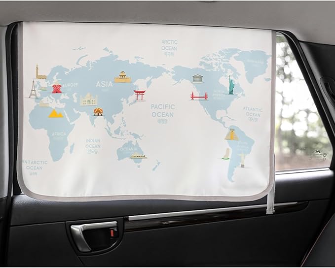 Magnetic Car Sun Shade Curtain for Side Window – Sun Blocker and UV Protector for Baby, Kids, and Pets – Universal Fit with Built-in Magnets for Steel-Framed Door (Be-Travel Map)