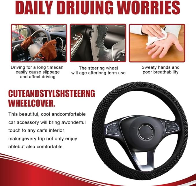 Elastic Stretch Steering Wheel Cover, Car Wheel Cover, Universal 15 Inch Car Steering Wheel Protector, Interior Accessories Microfiber Breathable Ice Silk Steering Wheel Covers for Car (Black)
