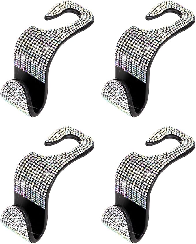 4PCS Bling Car Seat Headrest Hooks, Crystal Rhinestone Vehicle Back Seat Hanger Holder, Auto Interior Headrest Hanging Storage Organizer for Purse Handbag Coat, Universal Fit (AB Color)