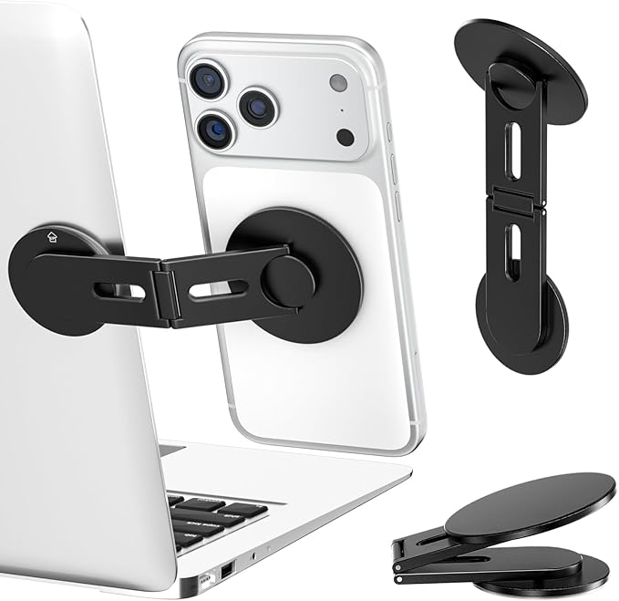 Magnetic Laptop Phone Holder, Foldable Hidden Mount Compatible with iPhone 17/16/15/14/13 & All Phone, 360° Rotating Monitor Side Phone Stand for Laptop, Tesla Model 3/Y, Desktop, Black
