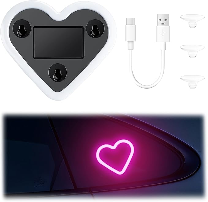iFunyLED Car LED Interior Lights, Heart-Shaped Ambient Light for Windows, 5 Lighting Modes, Charging Through Type-c and Solar Energy, Car Decorations for Women Men, Pack of 1, (Pink)