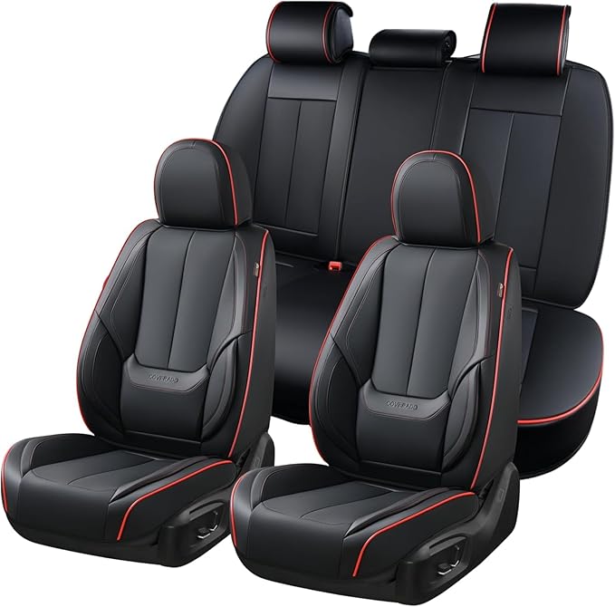 Coverado Seat Covers, Car Seat Covers Full Set, Leather Seat Covers for Cars, Car Seat Protector, Black Car Seat Covers Front Seats and Back Seats Universal Fit for Most Cars Redline