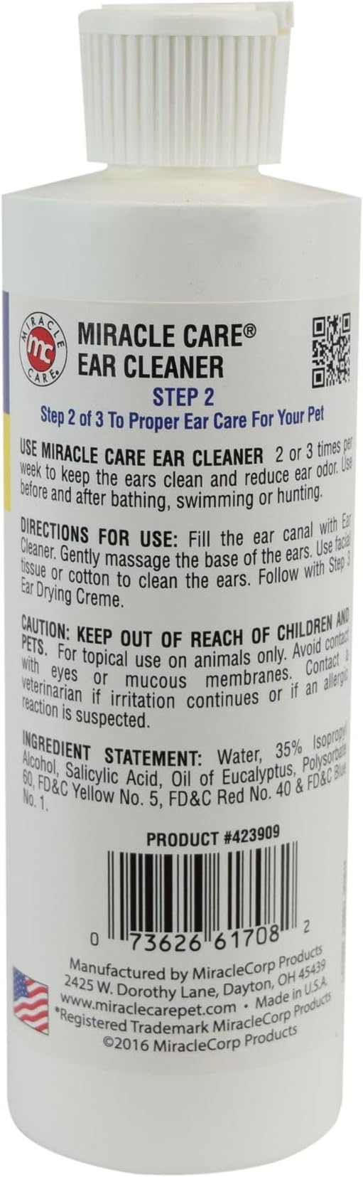 Miracle Care Ear Cleaner for Dogs and Cats, 8 Ounce, Reduces Ear Odor and Waxy Build Up, Gentle and Non Staining