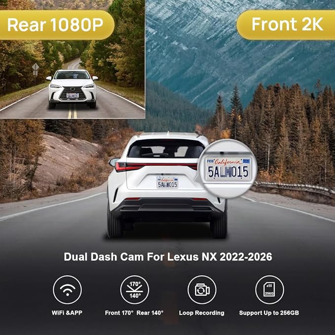 Fitcamx Front 2K+Rear 1080P Dash Cam Adapts for Lexus NX 2022-2026 & NX Hybrid 350 250 350h 450h, OEM Look, 2 Channel HD Video, WiFi & APP, Loop Recording, Collision Sensor, Easy to Use, 64GB Card