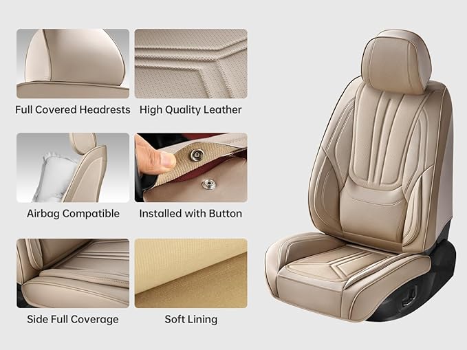 Car Seat Covers, Premium Leather Car Seat Covers, Waterproof and Breathable Seat Covers, Universal Car Seat Protector Fit for Cars, Trucks, SUVs, Pick-ups (Beige, FullSet)
