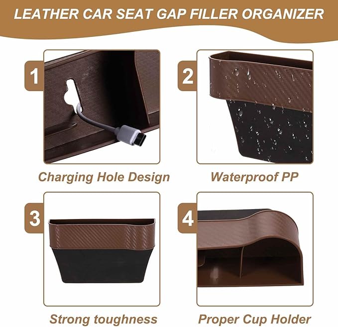 HARFINGTON 2pcs Car Seat Gap Filler Organizer 10.2 x 6.5 x 3.1 Inch ABS+Leather Universal Car Organizer Storage Box Between Seat and Console (Left+Right) with Cup Holders for Phone, Brown