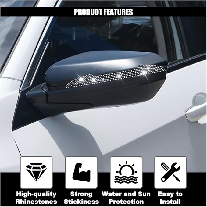 4PCS Bling Car Door Handle Scratch Protector, Crystal Rhinestone Sticker Car Door Edge Guard, Side Rearview Mirror Anti-Collision Strip, Exterior Accessories for Women Men (White)