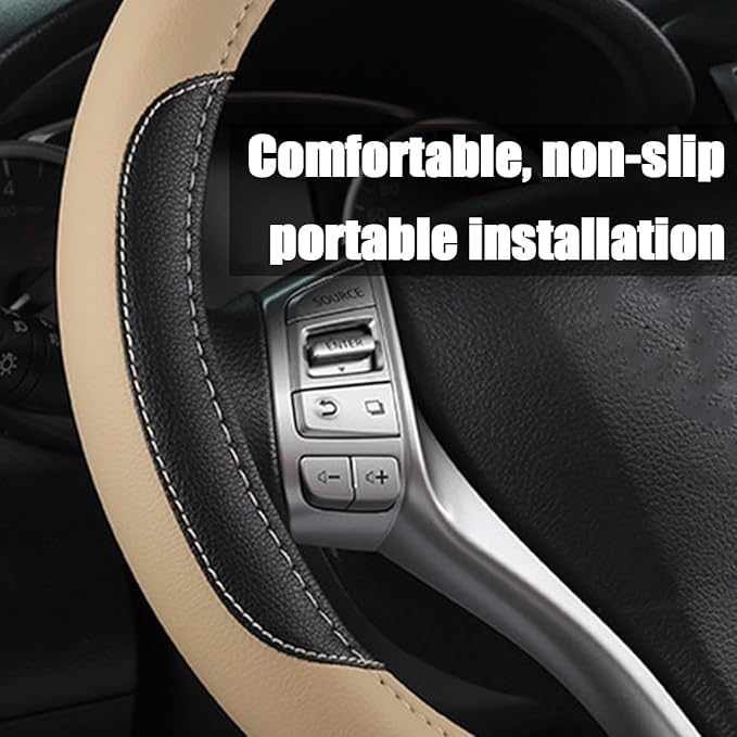 BELOMI Leather Car Steering Wheel Cover, Universal 15 Inch for Car Truck SUV, Non-Slip and Breathable, Sport Style Design Odorless Steering Wheel Protector, Automotive Interior Accessories (Beige)