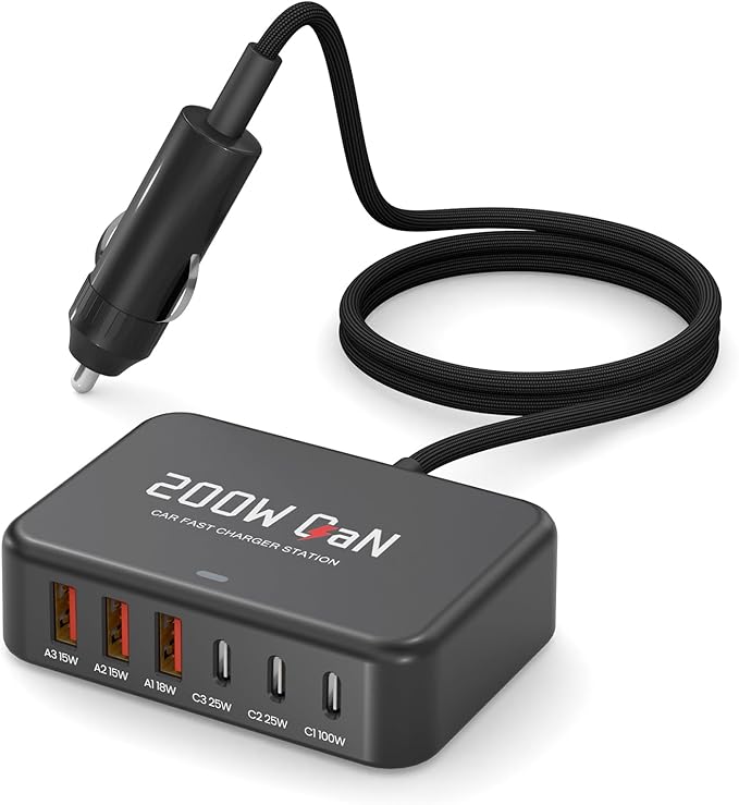 ROAYEWEY 200W USB C Car Charger，Max PD 100W USB C Car Charger for MacBook/Air,Dell Latitude/Lenovo Thinkpad, PD3.0/PPS Cigarette Lighter Adapter for iPhone 17/16/15 Series, Samsung S25/S24/S23 Series