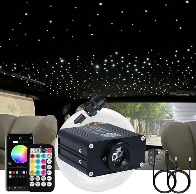 AKEPO 16W Small Size RGBW APP Twinkle Fiber Optic Light Kit, Mixed 295pcs 9.8ft/3m Optical Fiber Star Music Activated Ceiling Light Kit for Car Headliner Star/Home