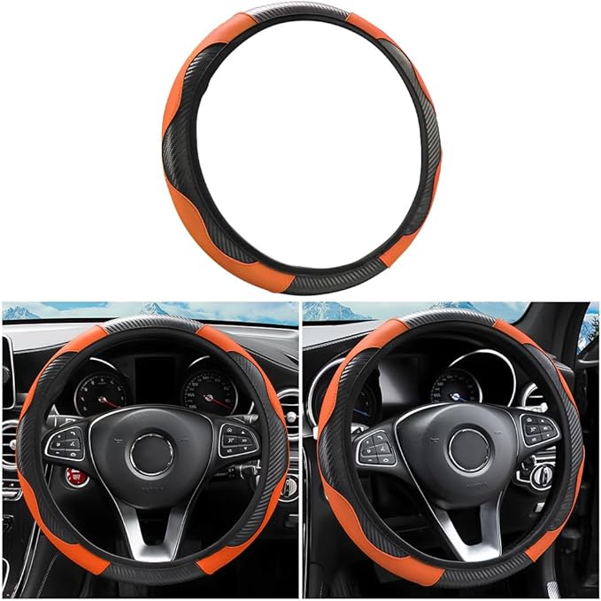 Car Steering Wheel Cover, 15 Inch PU Leather Carbon Fiber Elastic Stretch Without Inner Ring, Breathable Anti-Slip Auto Steering Wheel Protector for Women Men, Universal for Most Cars (Cayan)