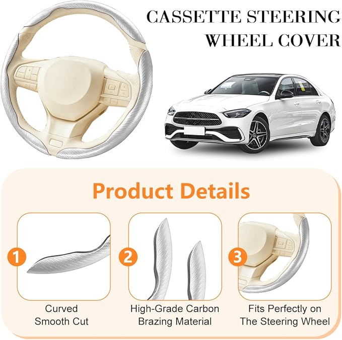 3PCS Carbon Fiber Car Steering Wheel Cover, Leather Segmented Anti-Skid Steering Wheel Protector, Snap on Automotive Interior Protection Accessories, Universal for Vehicles (White)
