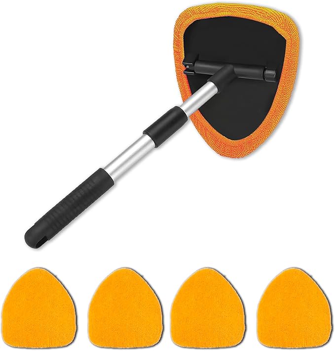 Windshield Cleaner Tool - Portable Car Interior Window Cleaning Kit with Extendable Handle, 4 Microfiber Towel Pads, Auto Glass Wiper for Windshield, Universal for RV, SUV, Truck (Orange)