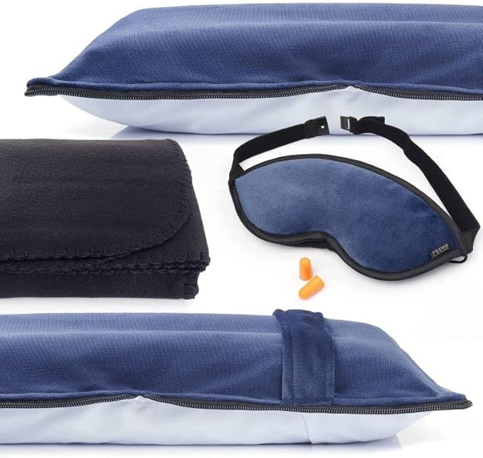 Lewis N. Clark Ultimate Comfort Set + Portable Travel Kit for Airplane, Includes Inflatable Pillow + Zippered Carrying Case, Cozy Fleece Blanket, Eye Mask for Sleeping & Foam Ear Plugs, Navy