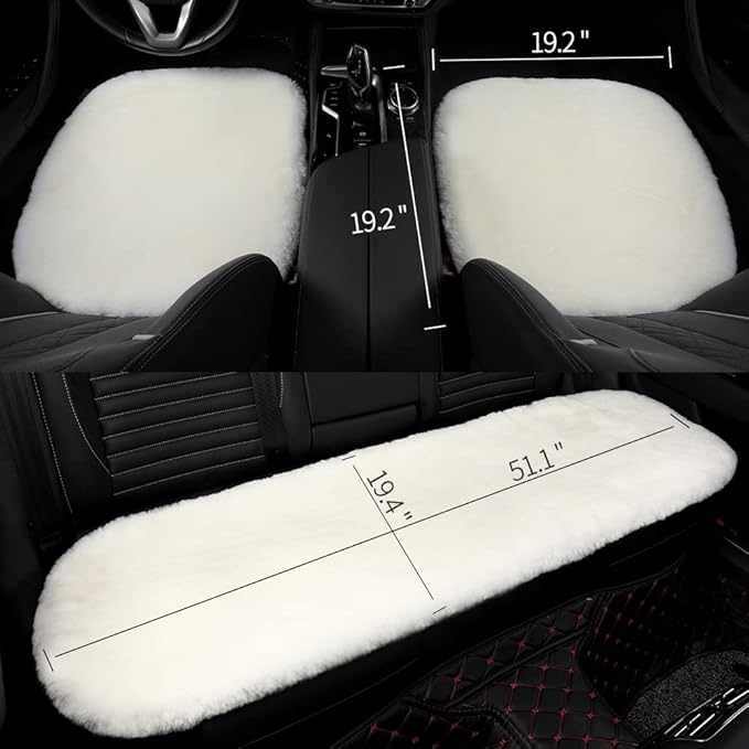 Genuine Sheepskin Auto Seat Pad, Australian Soft Wool Seat Cover Breathable and Sweat-Wicking Universal Fit (Front seat Cushion 2pcs & Rear seat Cushion 1pc, Black)