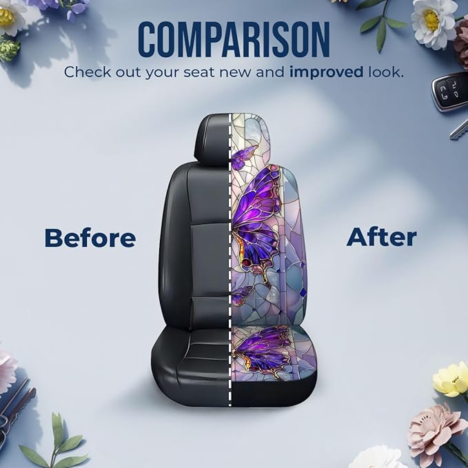 GENANY Purple Butterfly Car Seat Covers Set of 2, Breathable Front Seat Covers for Truck Sedan SUV, Purple Car Accessories, Butterfly Gift for Women